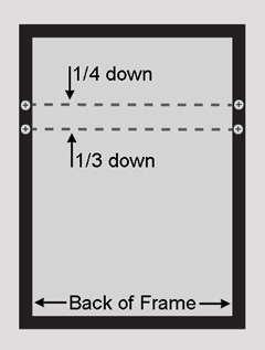 hanging hardware should be attached to the back of the frame 1/4 to 1/3 of the way from the top