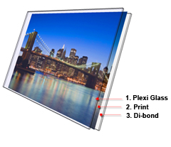 A plexi face mount is made by sandwiching the print between plexiglass and dibond aluminium