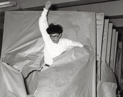 Saburo Marakami's piece At One Moment, Opening Six Holes at the first Gutai Group exhibit, 1955