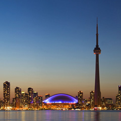 A skyline view of the CN Tower in Toronto, Ontario