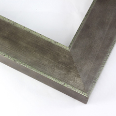 Slightly angled 2-3/8 " frame with an indented design on the inner and outer edge. The face is metallic silver stain brushed over a dark grey base. The accented inner and outer edge reveal a mint green patina which highlights the difference in texture.