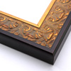 An ornate, solid wood frame featuring an intricate design overlaid with elegant gold leaf, and lightly antiqued. A shallow scooped profile and unadorned inner edge draw the eye inward. A dark brown outer edge highlights the design.
2.75 " width: ideal for large and extra large (oversize) artworks. Oil paintings, prints and formal family photos will be equally at home encased in this traditional frame.